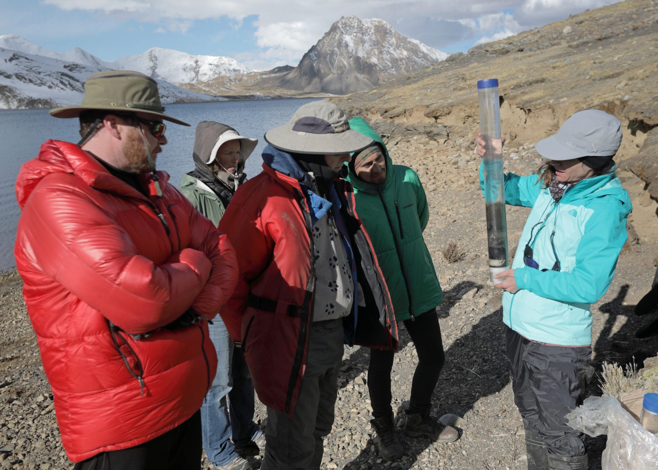 Preston Sowell, President/Chief Executive officer Sibinacocha watershed project, and Bronwen Konecky, Assistant Professor of climate and paleoclimate, examining cores.