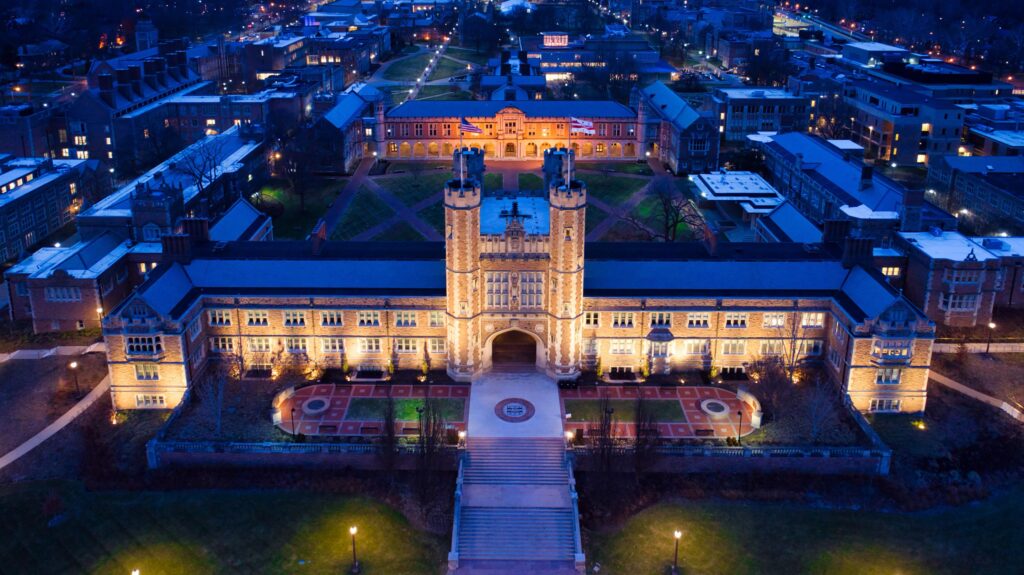 Aerial view of Washington University campus at dusk