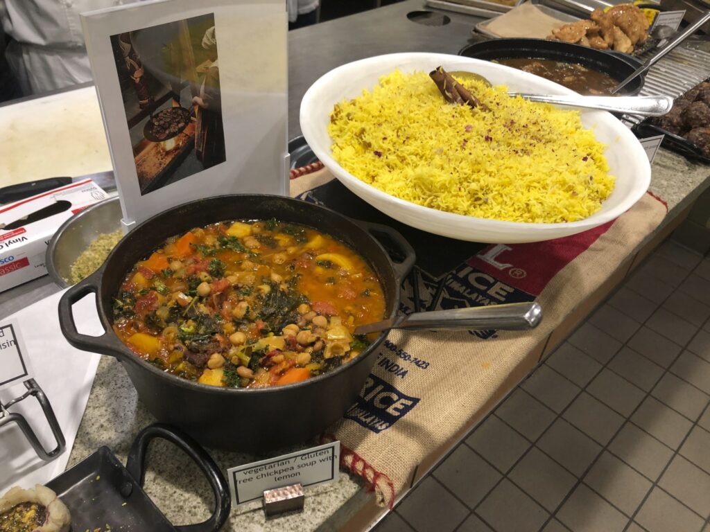Middle Eastern Cooking class stew and rice on display