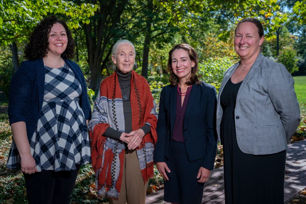 Dr. Krista Milich, Dr. Jane Goodall, Dr. Crickette Sanz and Dr. Emily Wroblewski pose for a photo