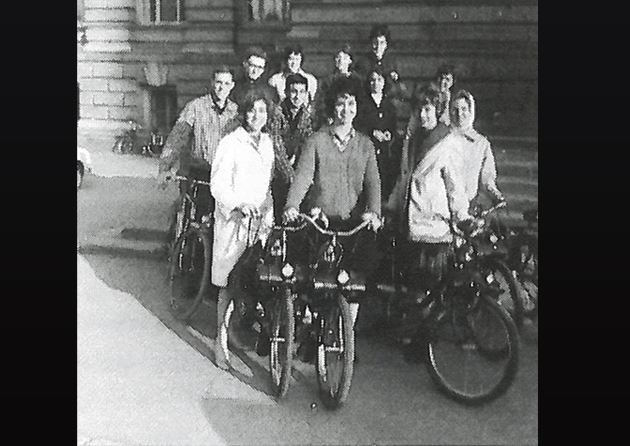 Group of students with bicycles